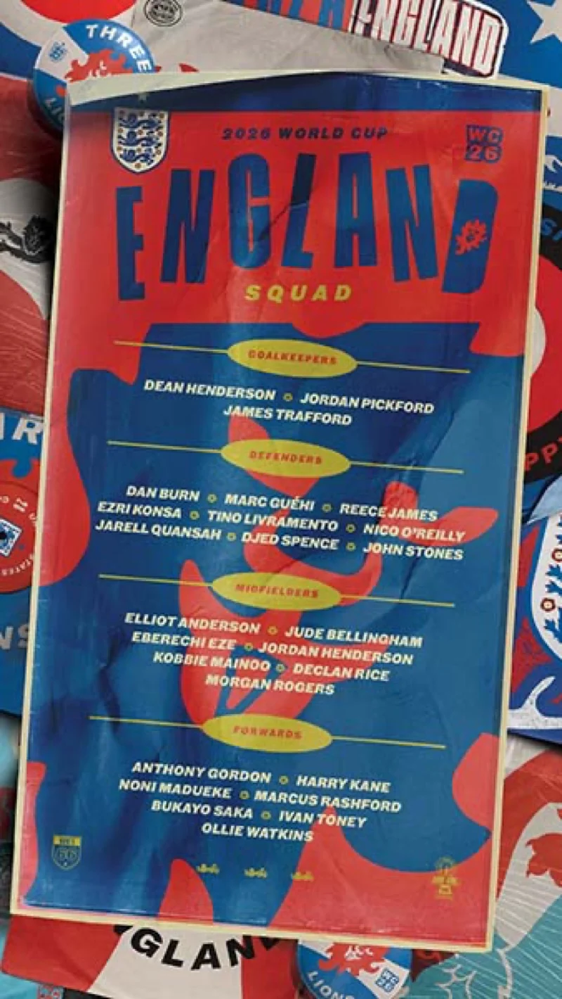 Imagen oficial de The FA del anuncio de la convocatoria de Inglaterra para el Mundial 2026 firmada por Thomas Tuchel en Wembley