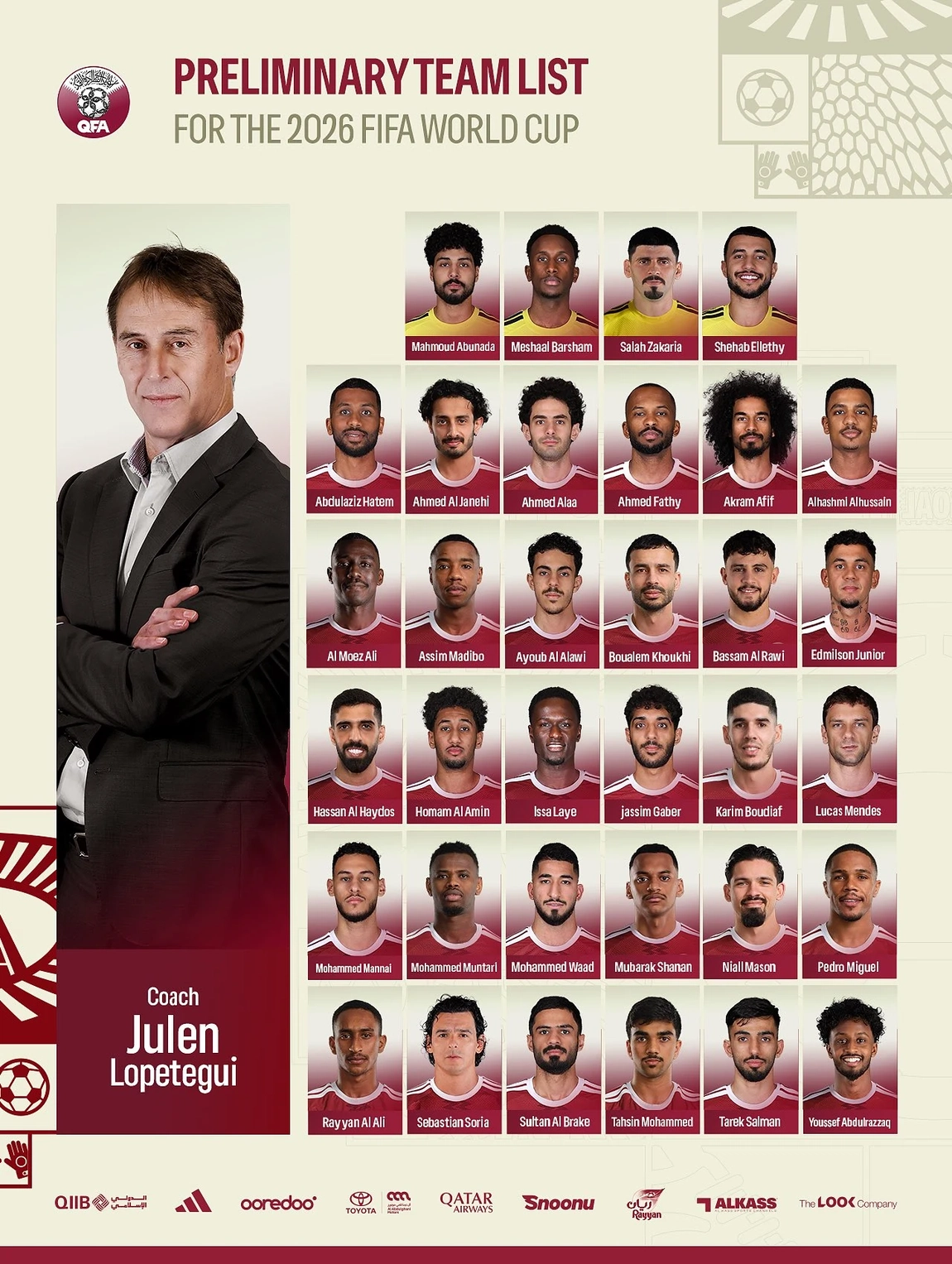 Infografía oficial de la QFA con la pre-lista de Catar para el Mundial 2026 firmada por Julen Lopetegui