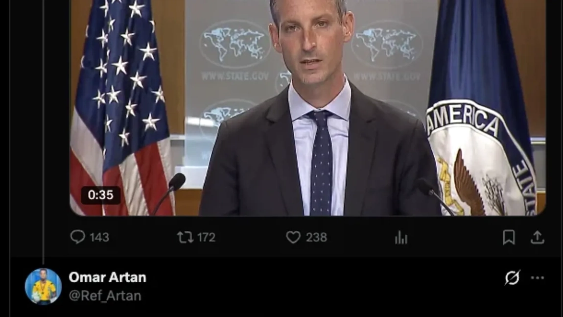 Captura del tuit publicado el 12 de enero de 2022 por la cuenta @Ref_Artan del árbitro somalí Omar Artan dirigido al Departamento de Estado de Estados Unidos y a su portavoz Ned Price
